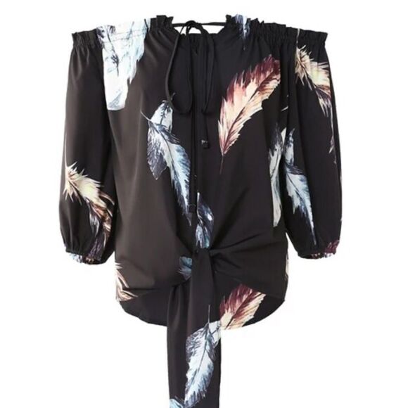 CLEARANCE ☀️ Black Off Shoulder Feather Print Tie Detail Top S - Picture 6 of 9